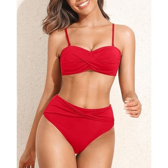 Tempt Me Red Bandeau Strapless Twist Front Bikini Set Small NWT - Picture 7 of 8